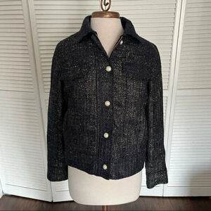 Chico’s tweed blazer jacket navy gold metallic pearl buttons classy zip medium